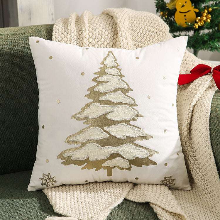 Embroidered Christmas Tree Pillowcase - Silver & Gold Holiday Cushion Cover