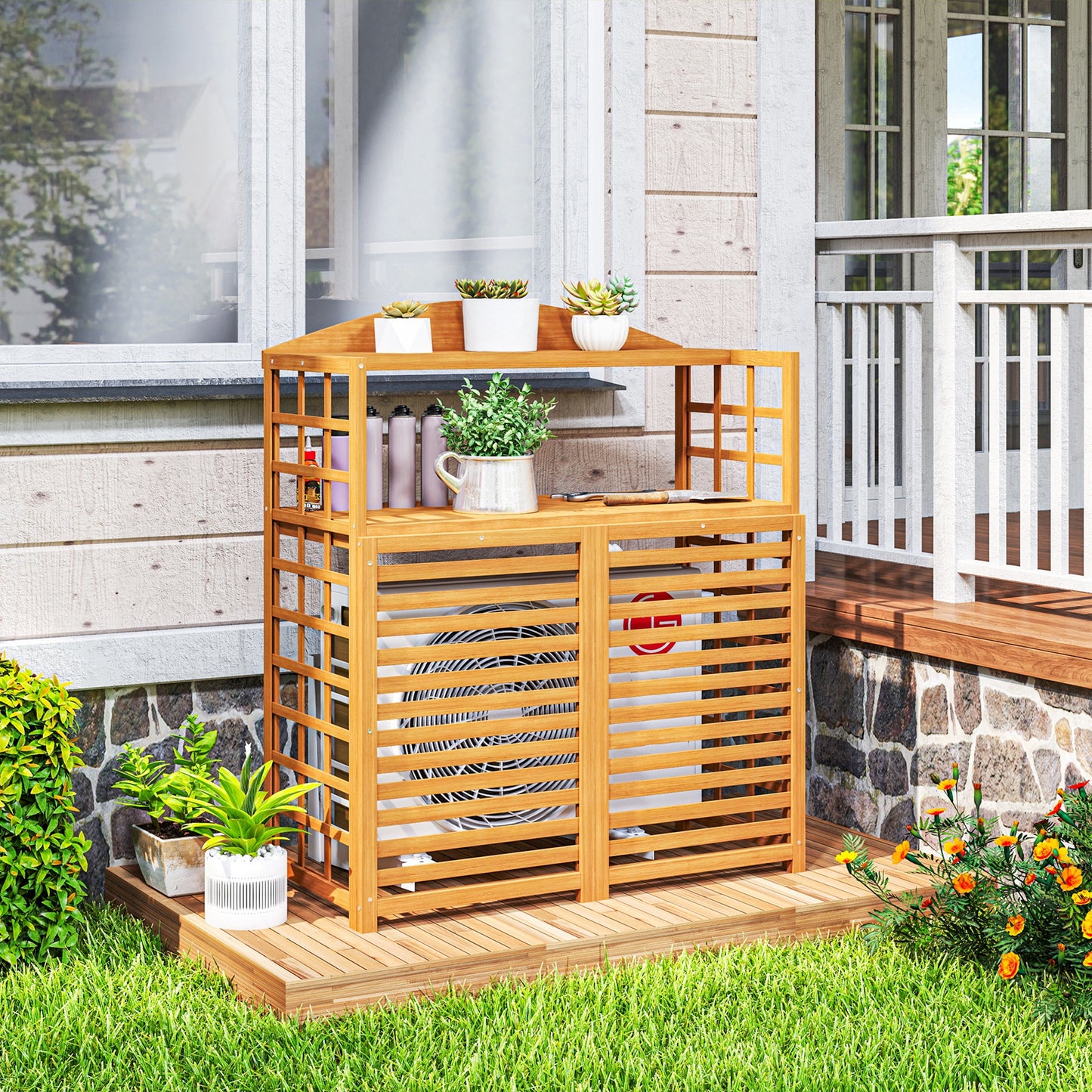 Air Conditioner Privacy Screen with Shelves - Light Brown