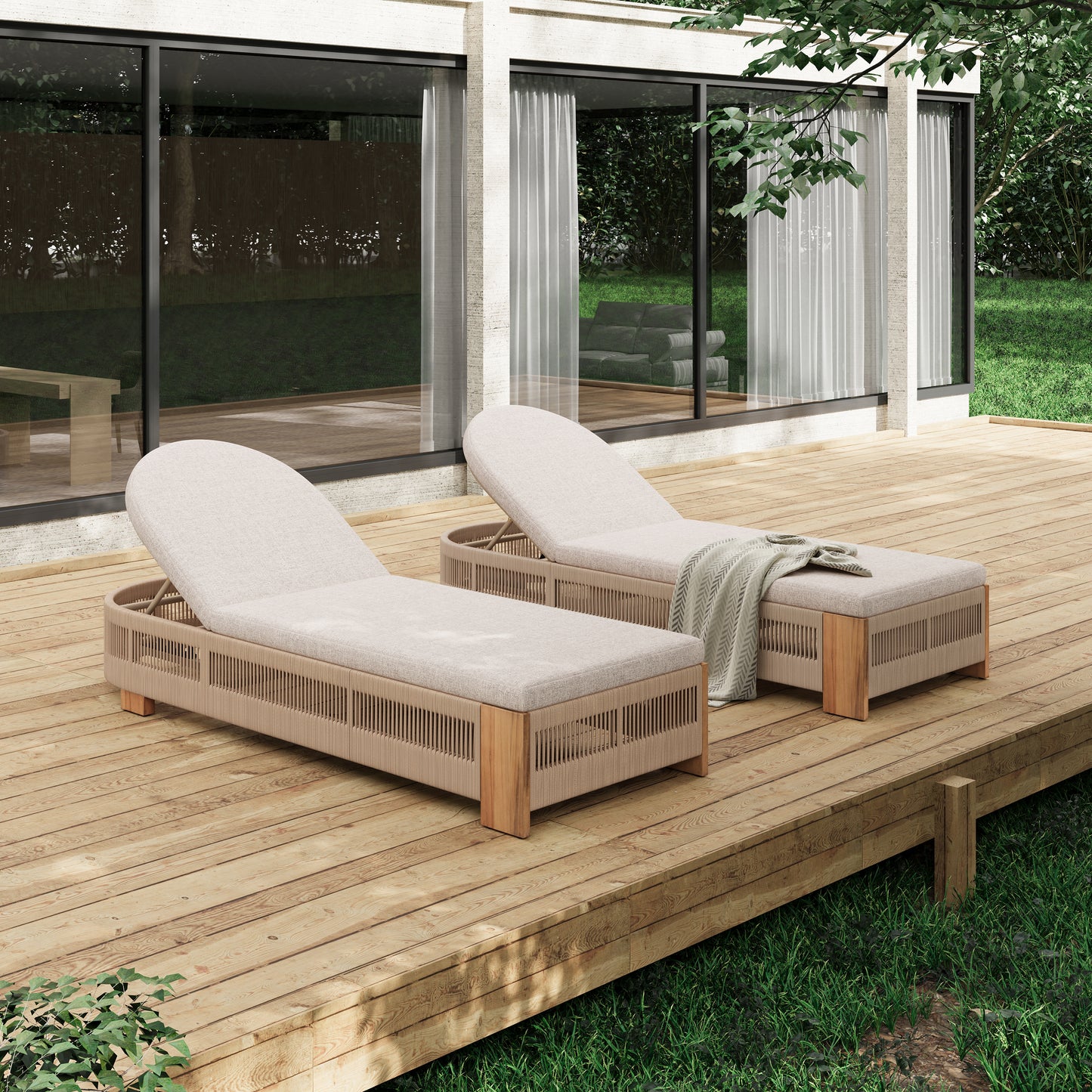Outdoor Chaise Lounge Chair - Acacia Wood, Adjustable Backrest, Beige Cushion