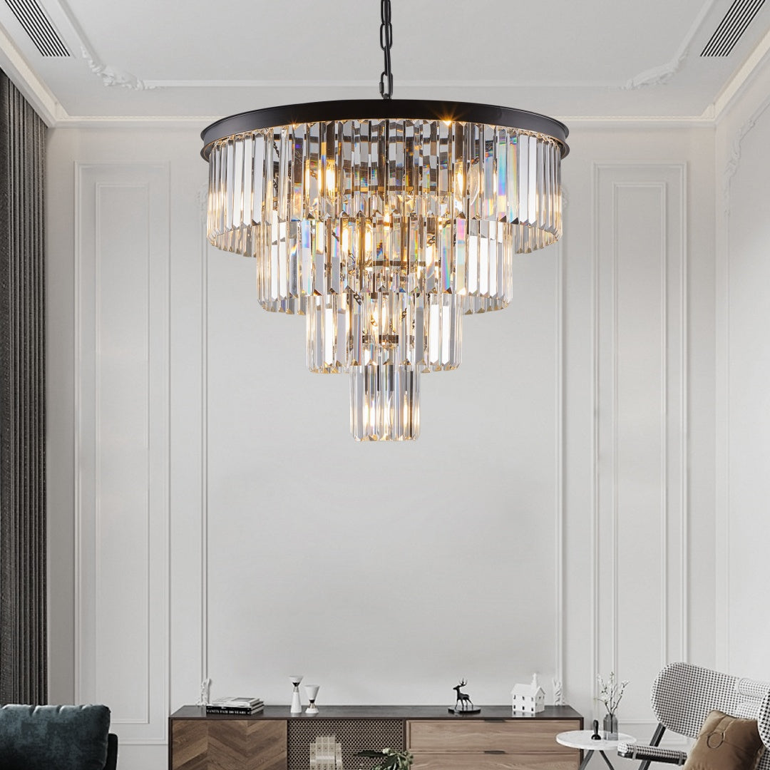 Elegant Black Crystal Chandelier - 4 Tier Modern Lighting Fixture