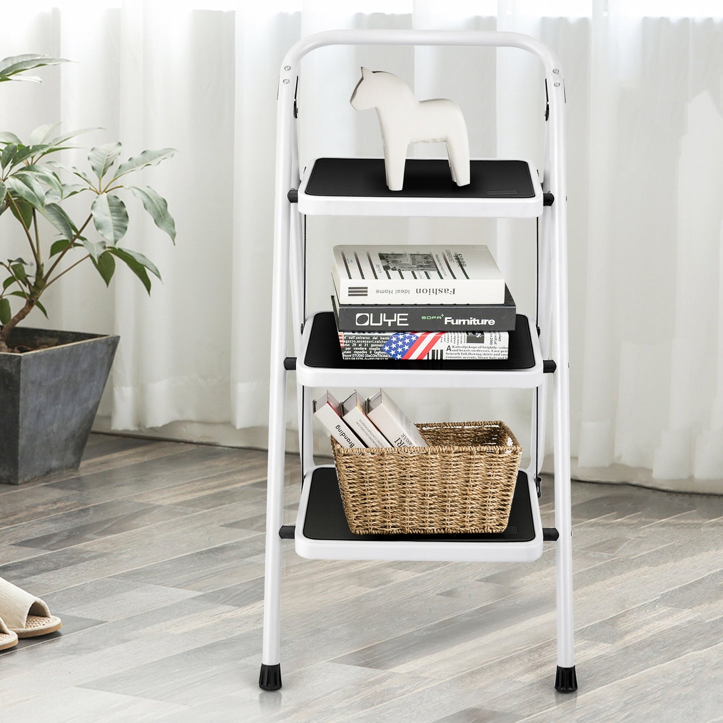 Foldable 3-Step Ladder with Handgrip Anti-Slip Platform Home Office Use