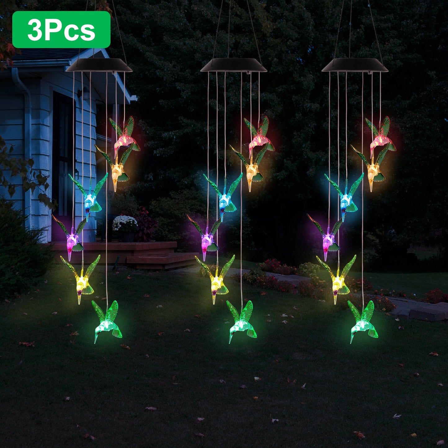 Solar Hummingbird Wind Chime with Color-Changing LED String Lights - Waterproof Garden Decor