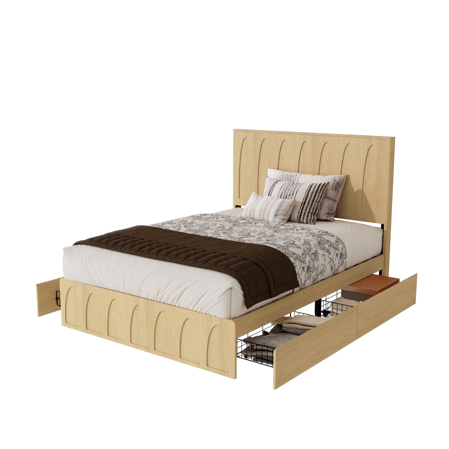 Queen Size Solid Wood Platform Bed Frame with Storage Drawers - Oak