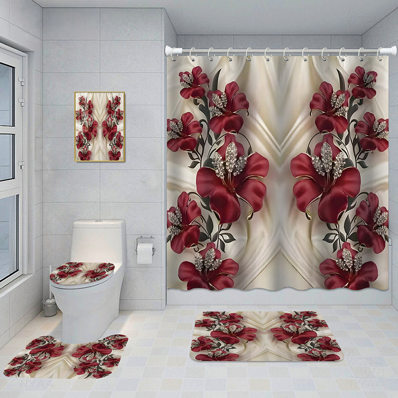 Bathroom 5-Piece Shower Curtain Set with Mat and Decorative Aluminum Frame