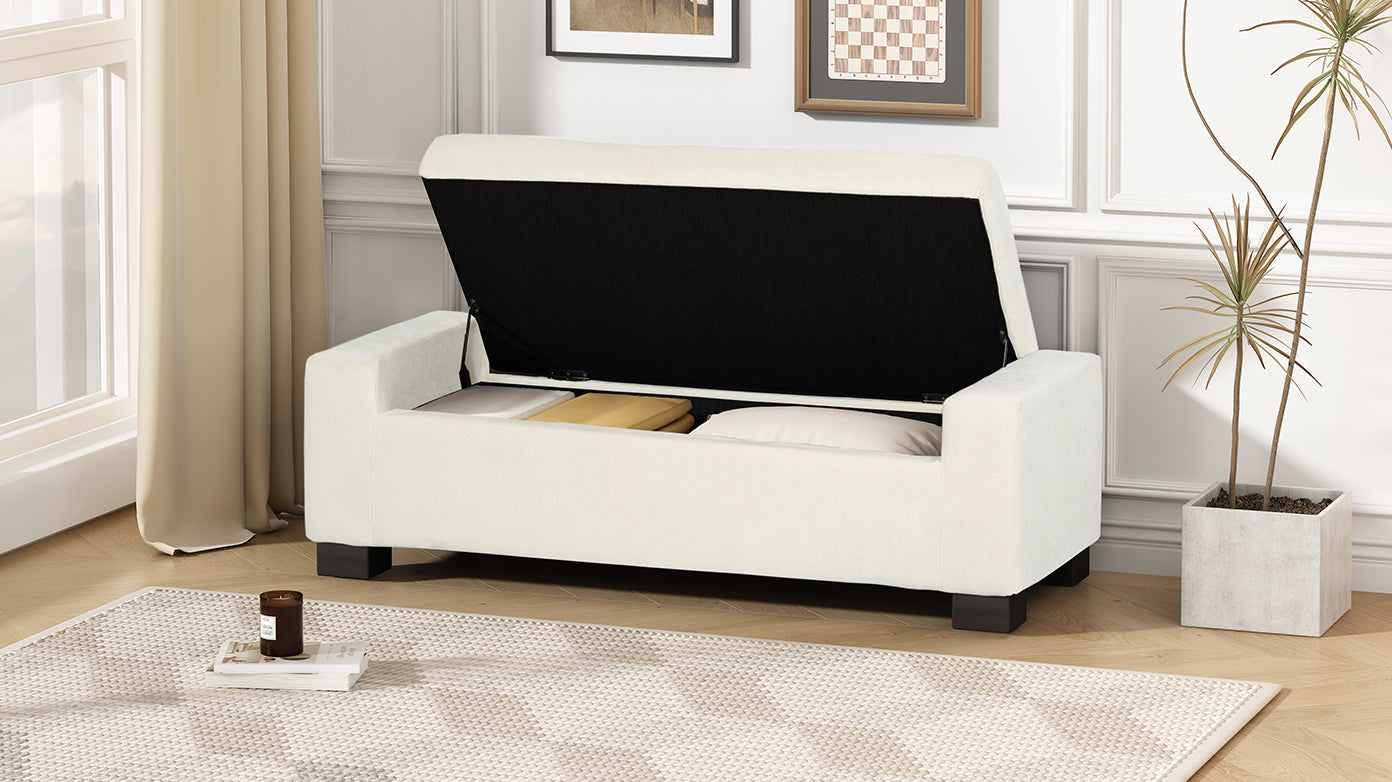 50-Inch White Storage Ottoman with Hinged Lid for Living Room & Bedroom