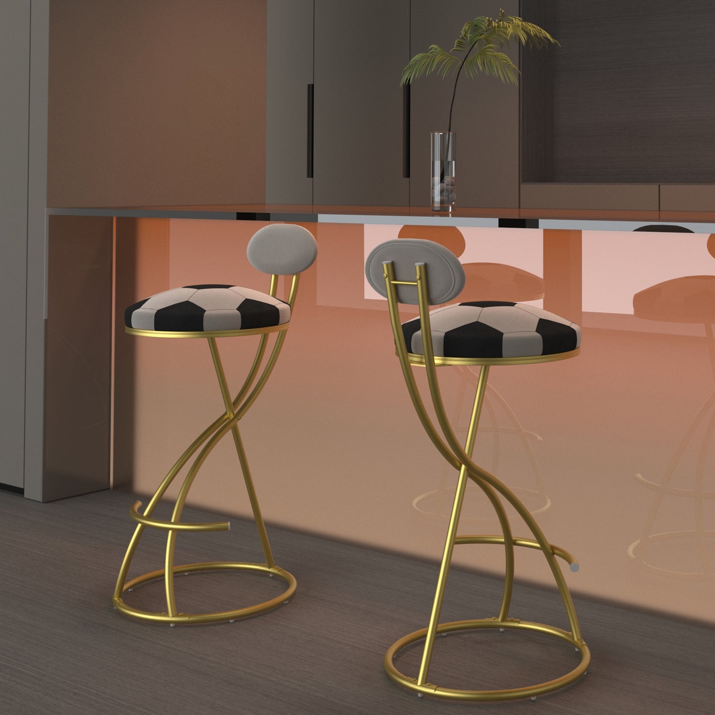 Football Print Bar Stools Set of 2 - Gold & Creamy White