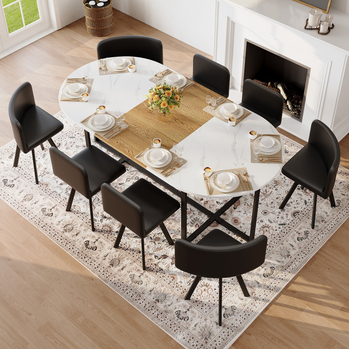 9-Piece Oval Dining Table Set, Fixed White Faux Marble & Wood Grain