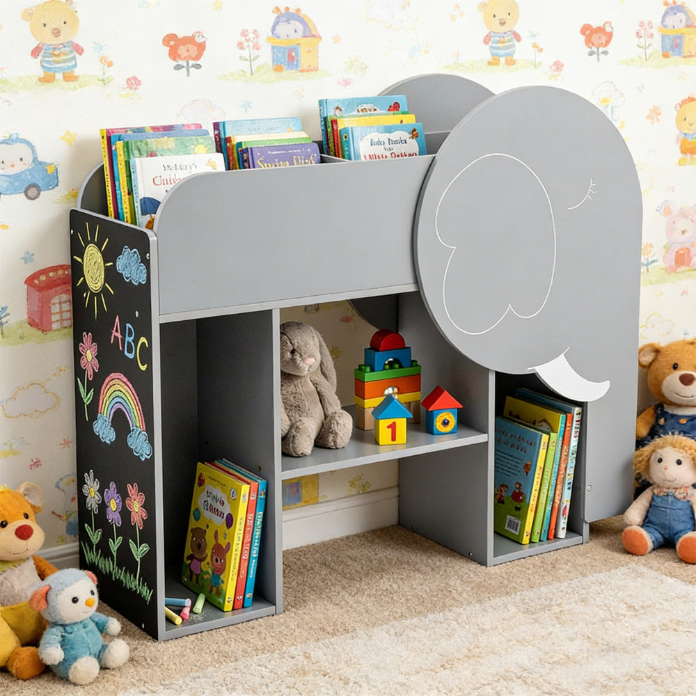 Montessori Bookshelf With Elephant Shape 3-Tier Toddler Toy Storage