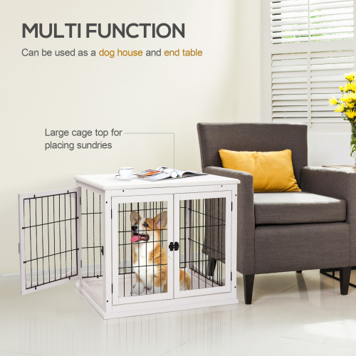 Small Pet Kennel End Table with Lockable Door - White, Multi-Use Furniture