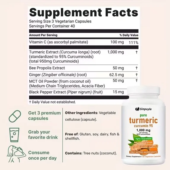 Turmeric Curcumin 1000mg Supplement with Ginger & Vitamin C - 120 Capsules