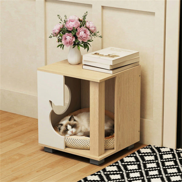 Wooden Cat House Nightstand with Metal Base - Anti-Slip Pet Furniture