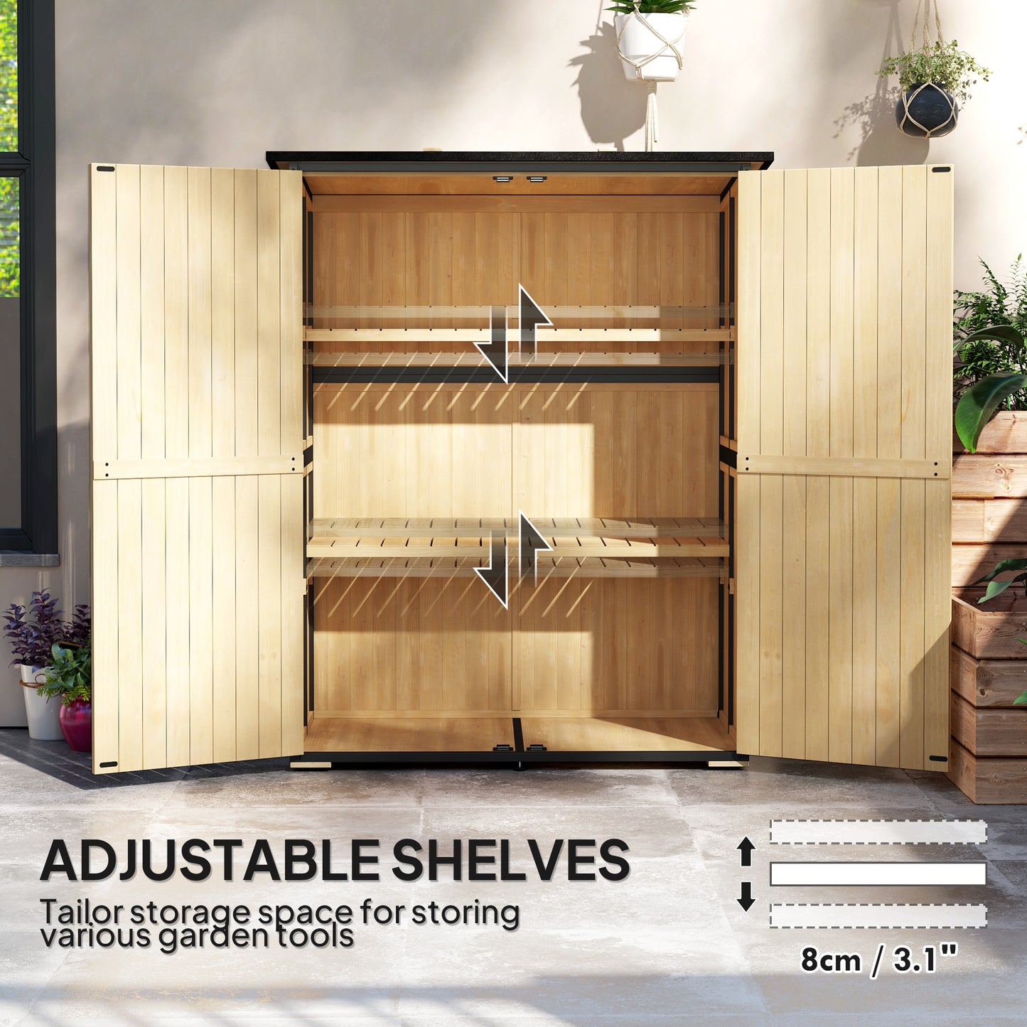 Wood Storage Shed, Outdoor Garden Shed With Asphalt Roof, 2 Shelves,