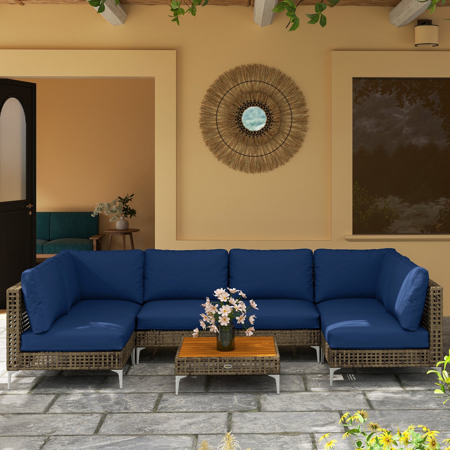 7-Piece Modular Wicker Patio Furniture Set with Cushions - Brown/Blue