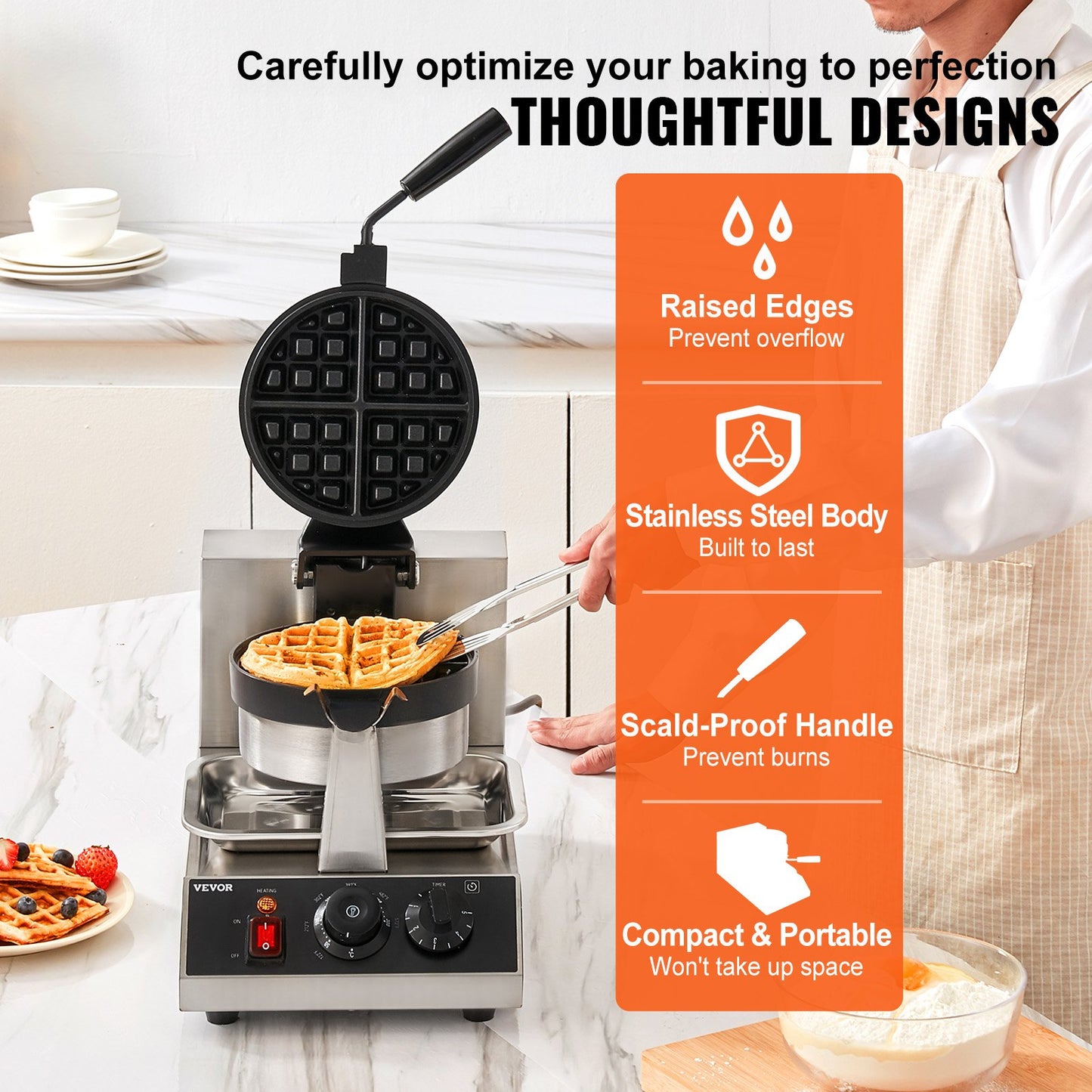 Commercial Round Waffle Maker 1300W Non-Stick Rotatable Kitchen Appliance
