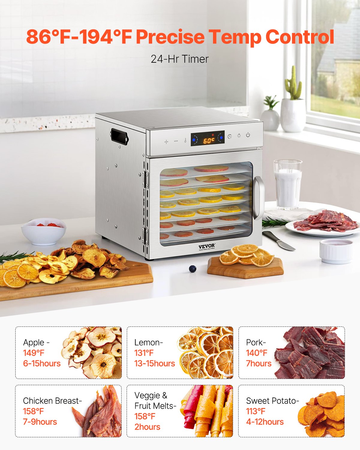 8-Tray Stainless Steel Food Dehydrator Machine 400W Jerky & Fruit Dryer