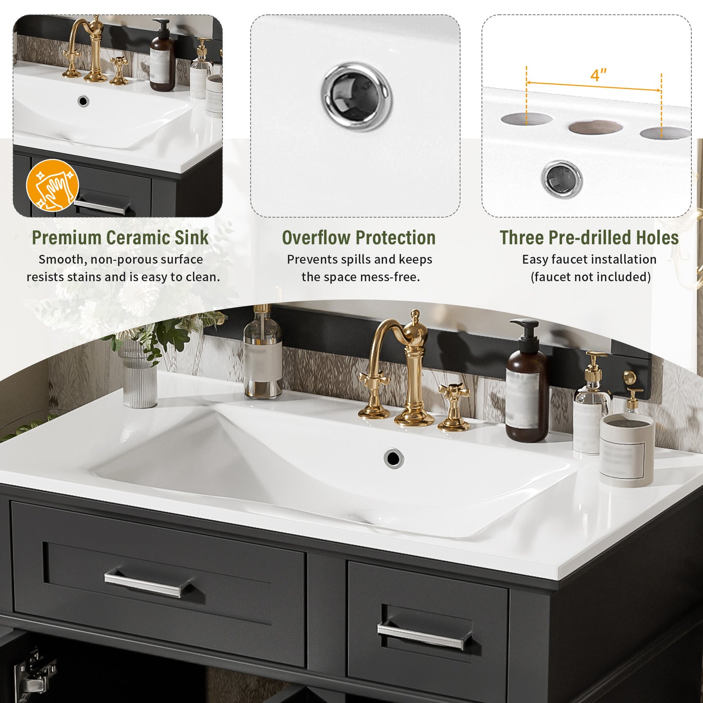 30" Black Bathroom Vanity with Ceramic Sink & Soft-Close Doors