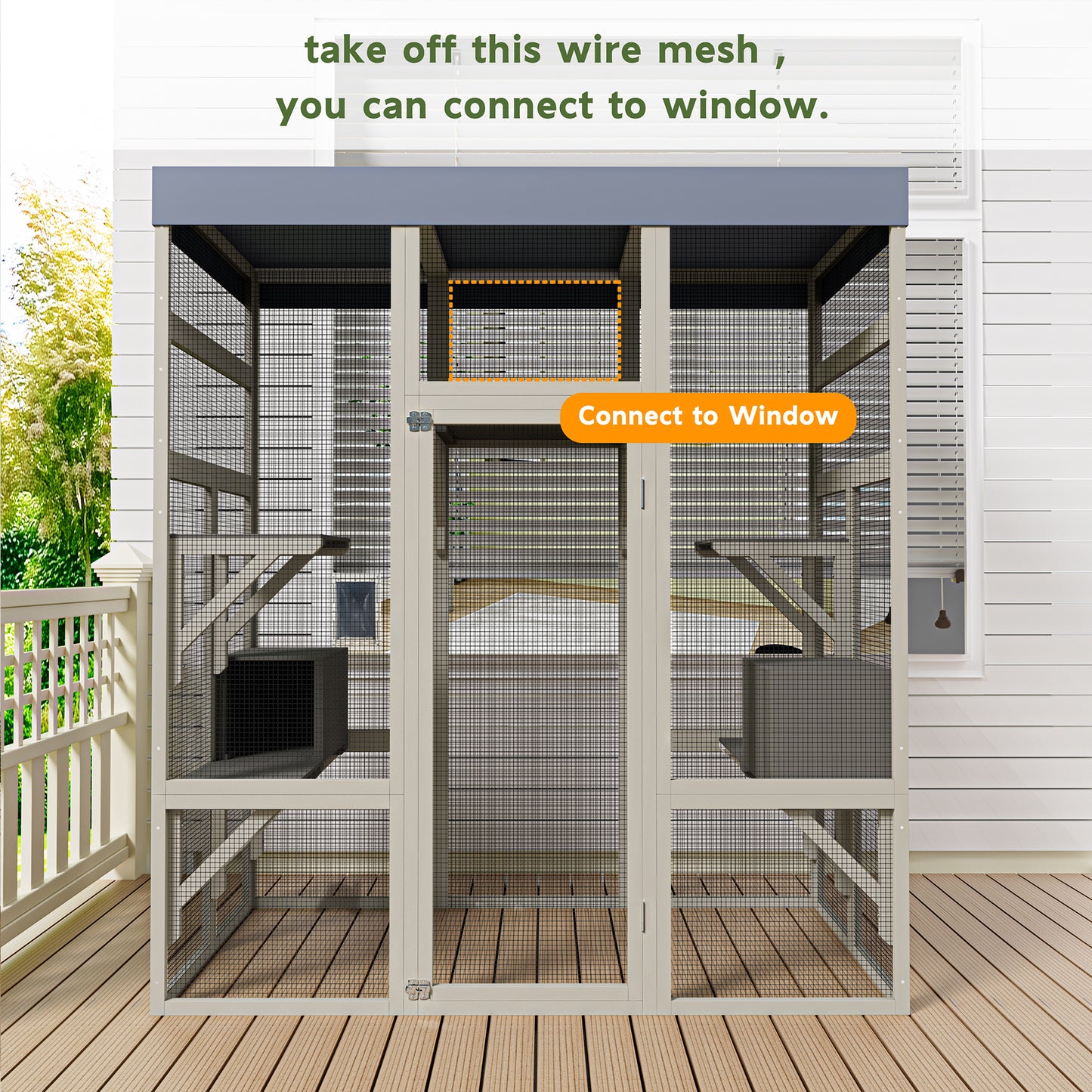 Large Wooden Cat Enclosure with Waterproof Cover, Napping Houses & Platforms - 62.6 Inches