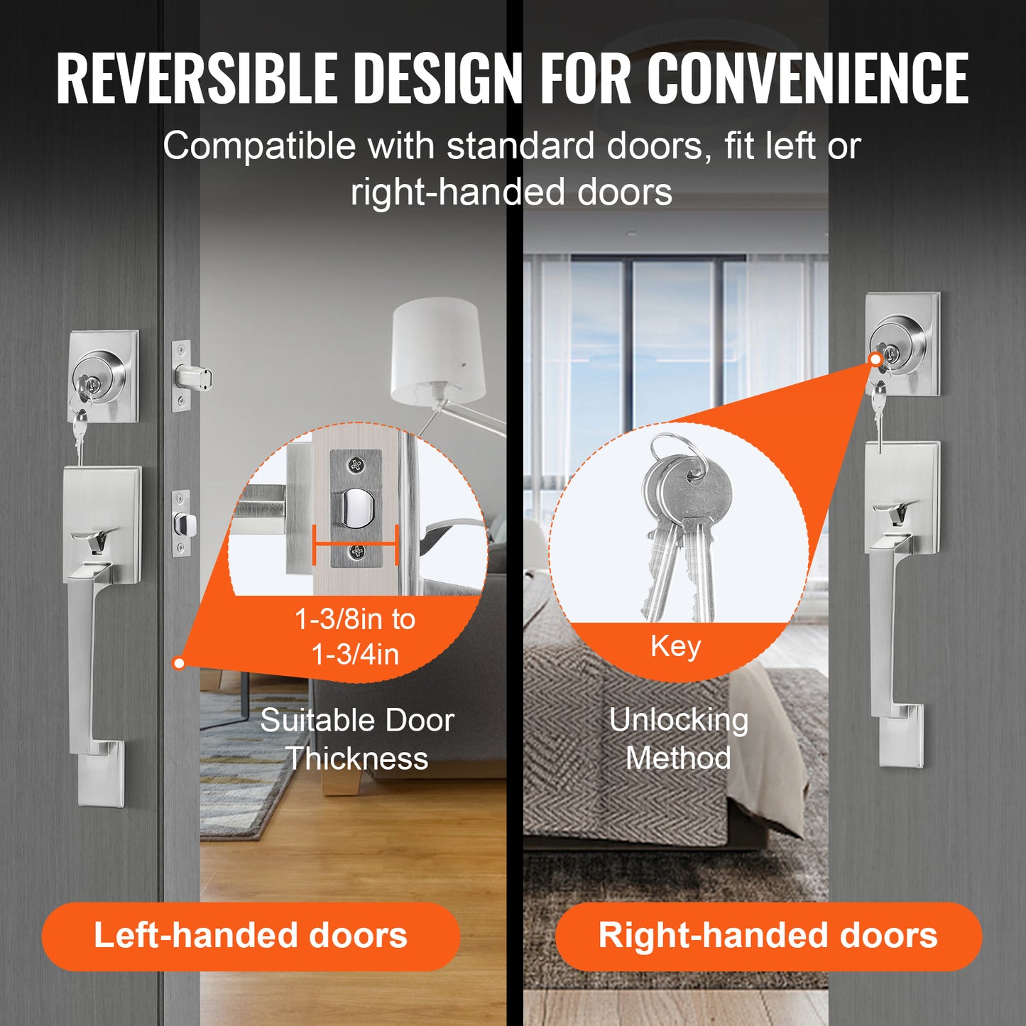 Front Door Handle and Deadbolt Set - Satin Nickel, Reversible, Single Cylinder