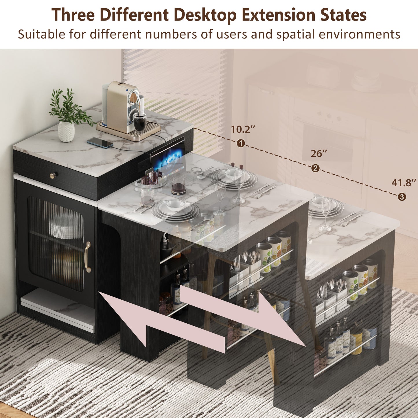 K&K 59.5 Kitchen Island With Extendable Dining Table, Storage Table