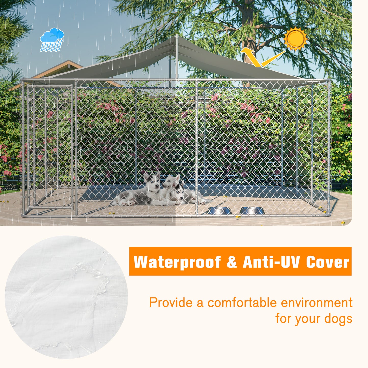 Heavy Duty Outdoor Dog Kennel 14.8x14.8x7.6 Ft, Galvanized Chain Link