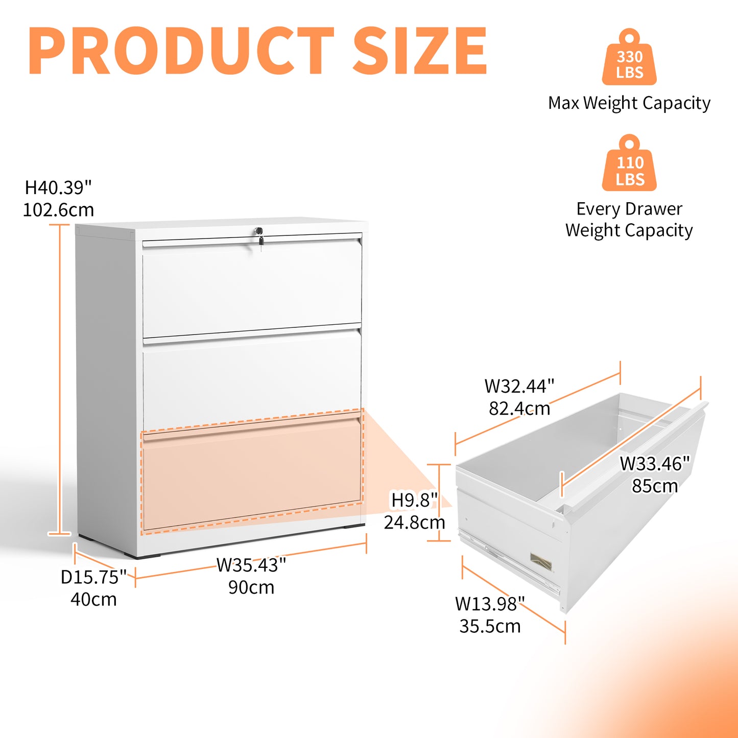 Lateral File Cabinet 3 Drawer, White Filing With Lock, Lockable For
