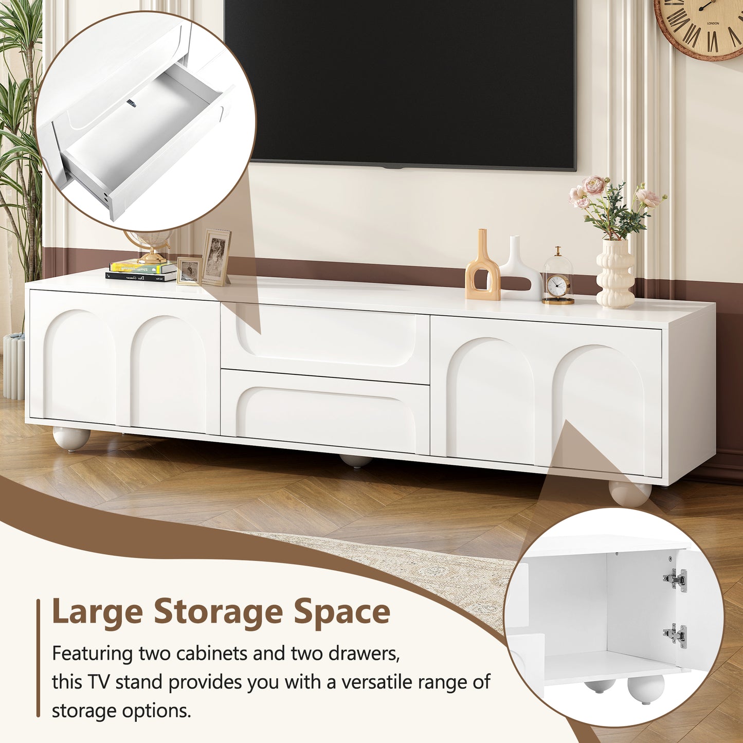 Cream Style TV Stand with Arched Doors & 2 Drawers for TVs Up to 75"