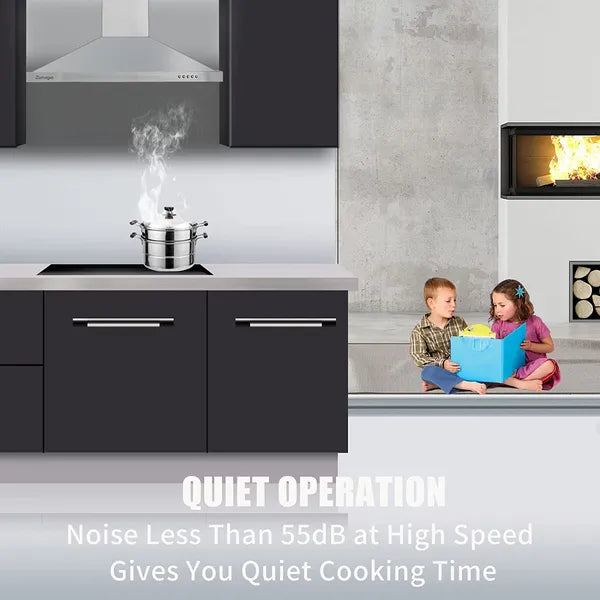36 Inch Wall Mount Stainless Steel Range Hood with Ducted Ductless Conversion, 3-Speed Exhaust Fan, LED Light, Push Button Control, 3 Baffle Filters