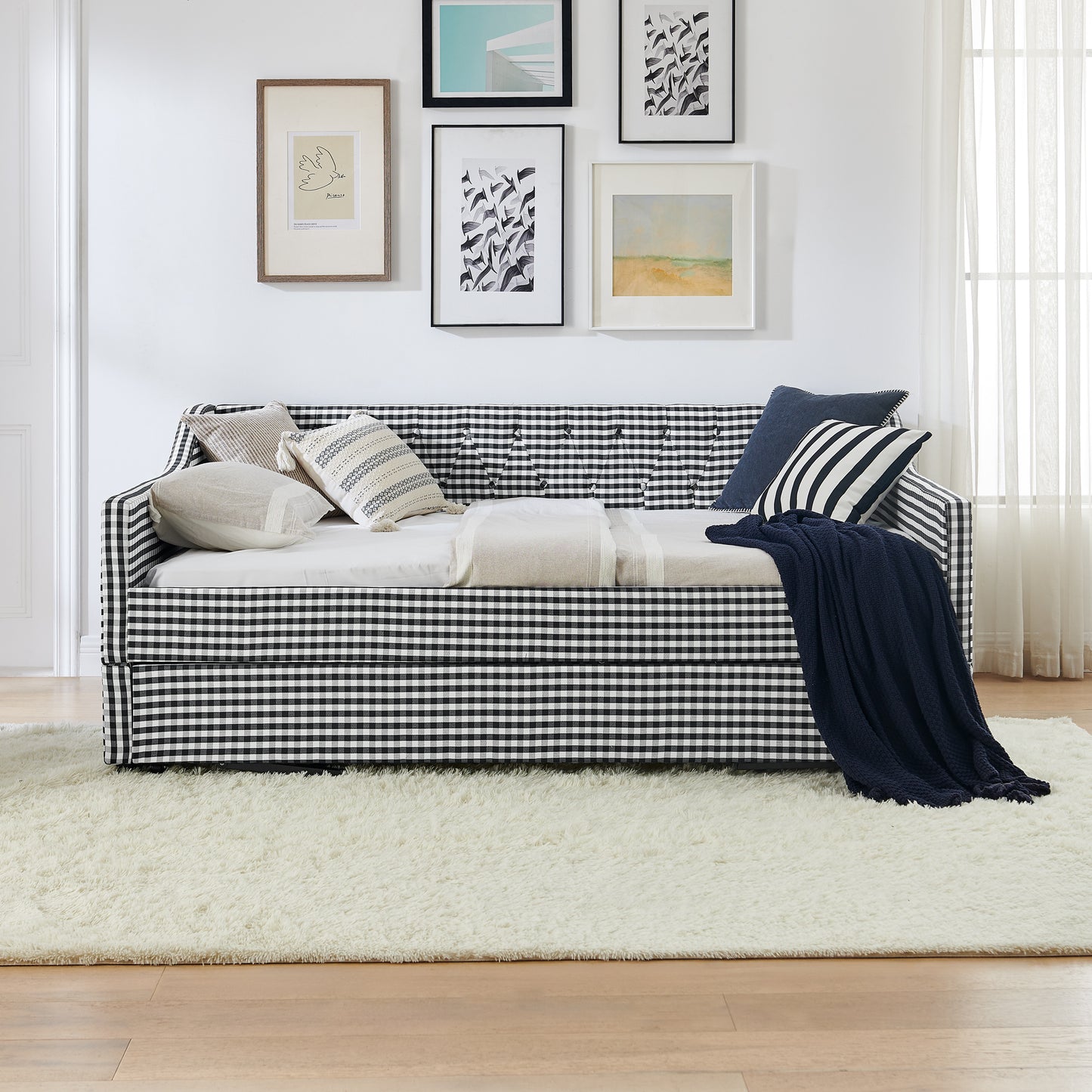 Upholstered Daybed with Tufted Backrest & Trundle - Black