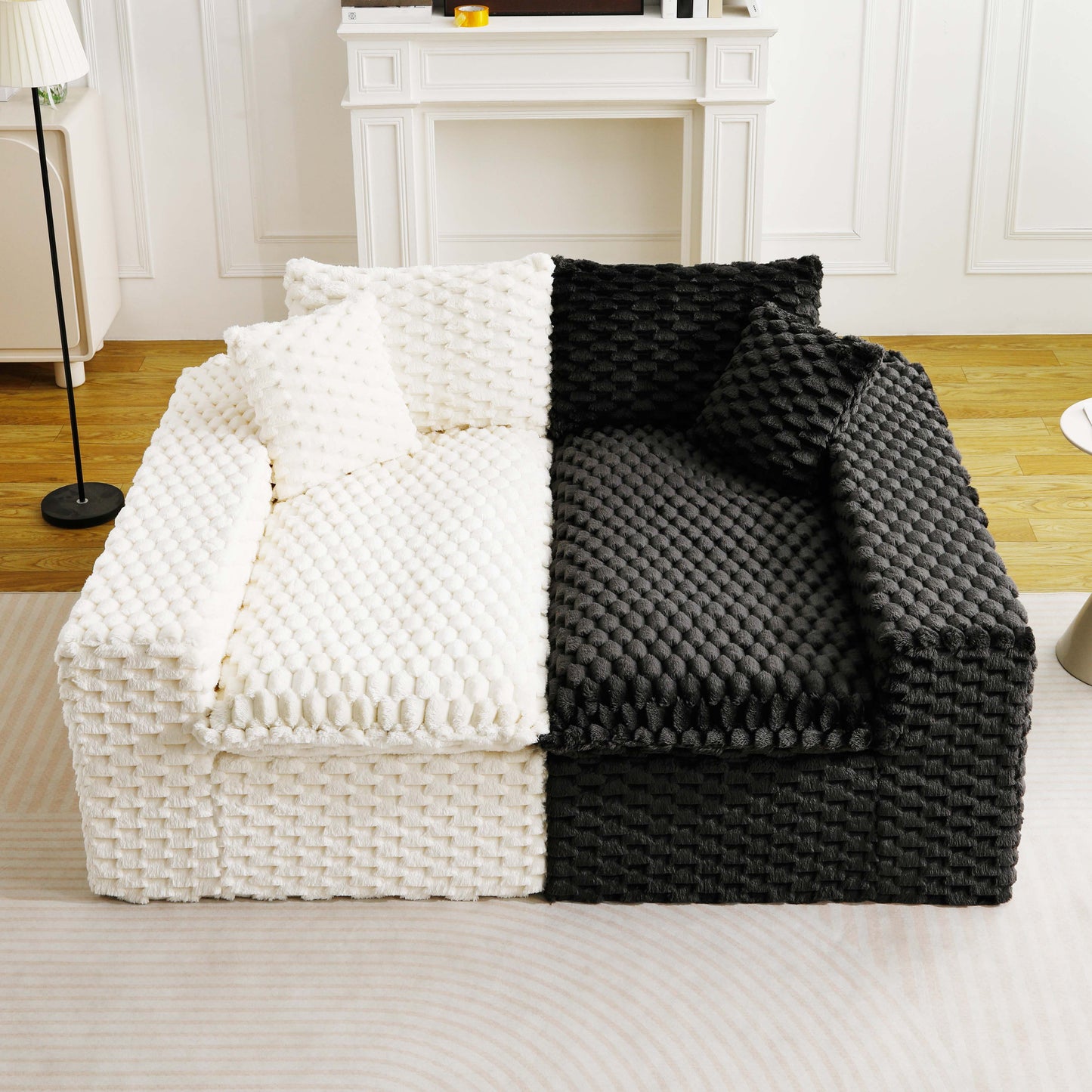 Multifunctional Color-Block Velvet Sofa - 4 Seats, White & Black