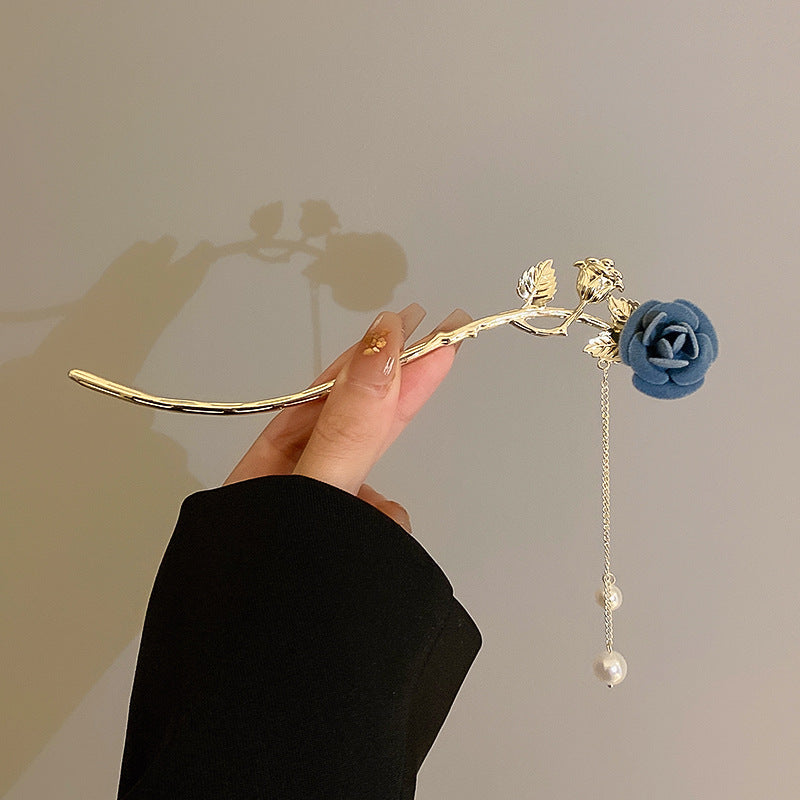 Flocking Rose Flower Hairpin with Pearl Tassel