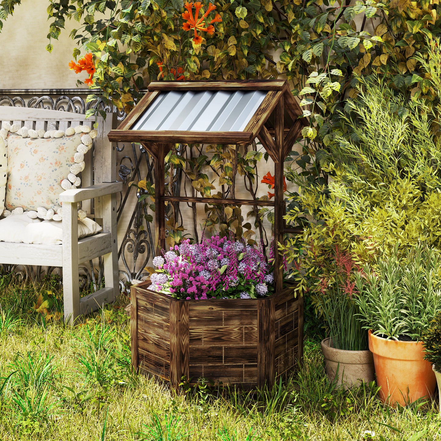 Wooden Wishing Well Planter, Raised Garden Bed With Galvanized