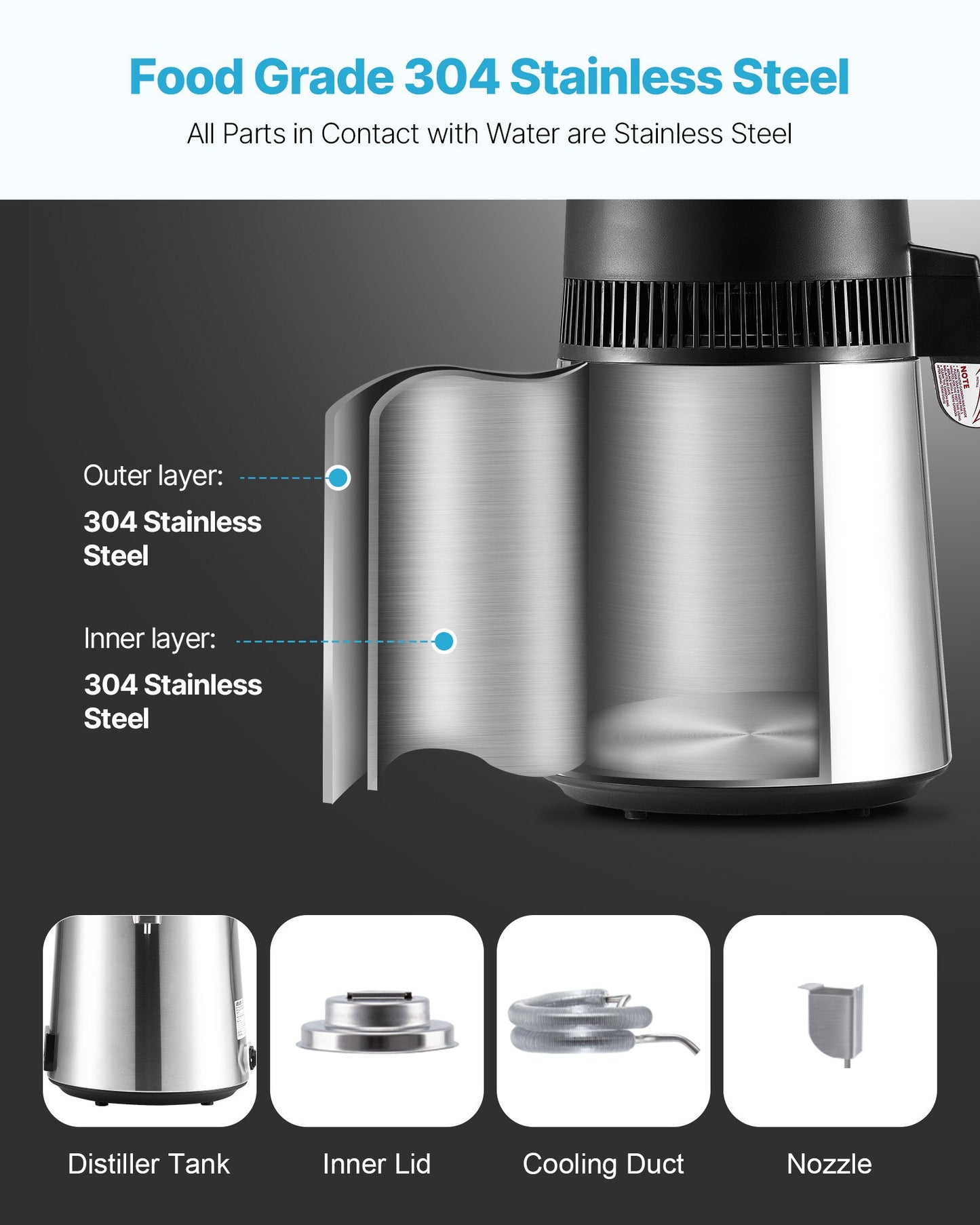 6L Water Distiller Machine - Countertop Purifier with Stainless Steel & Glass