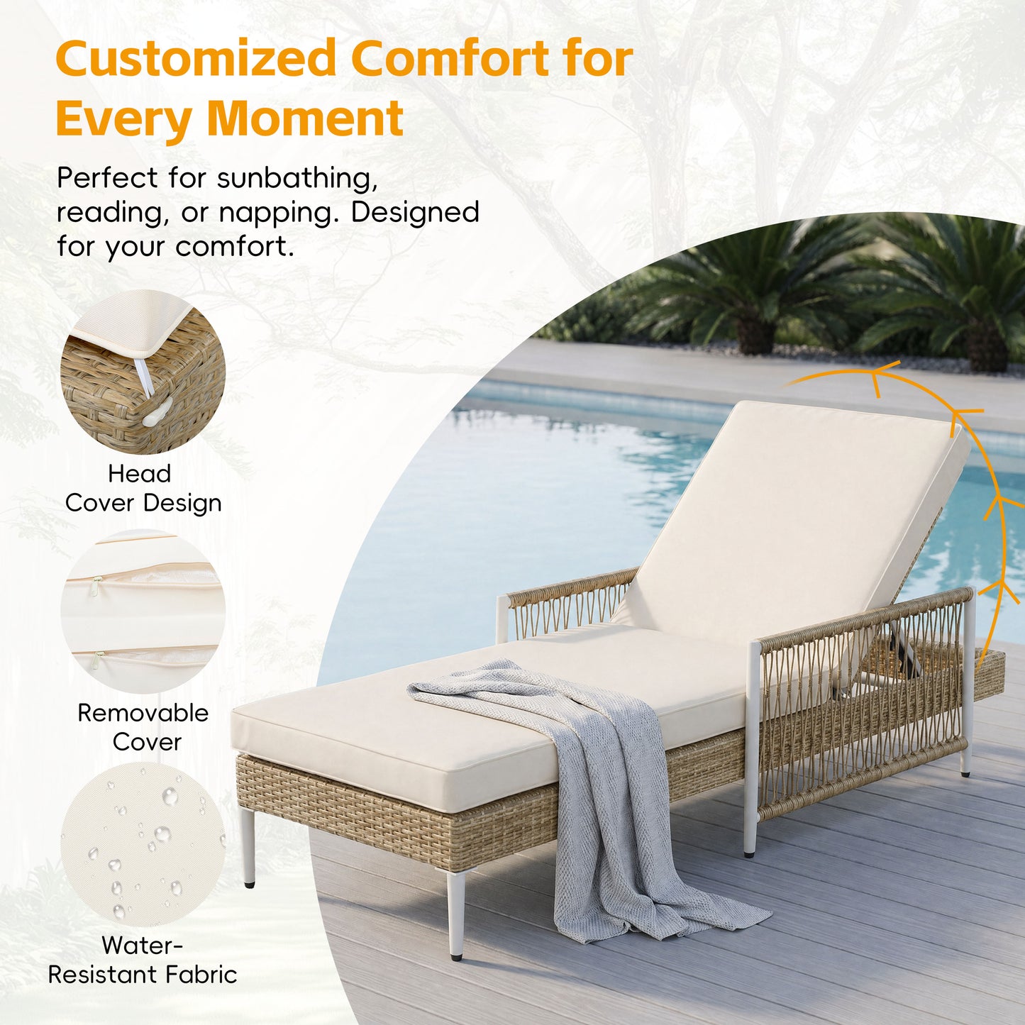 Outdoor Chaise Lounge Chair - Adjustable Recliner with Cushion, Beige