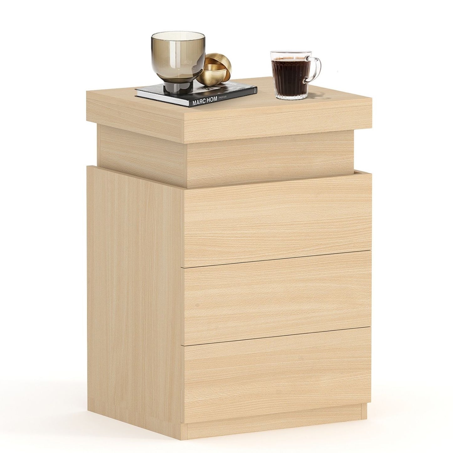 Modern LED Nightstand with Charging Station & 3 Drawers