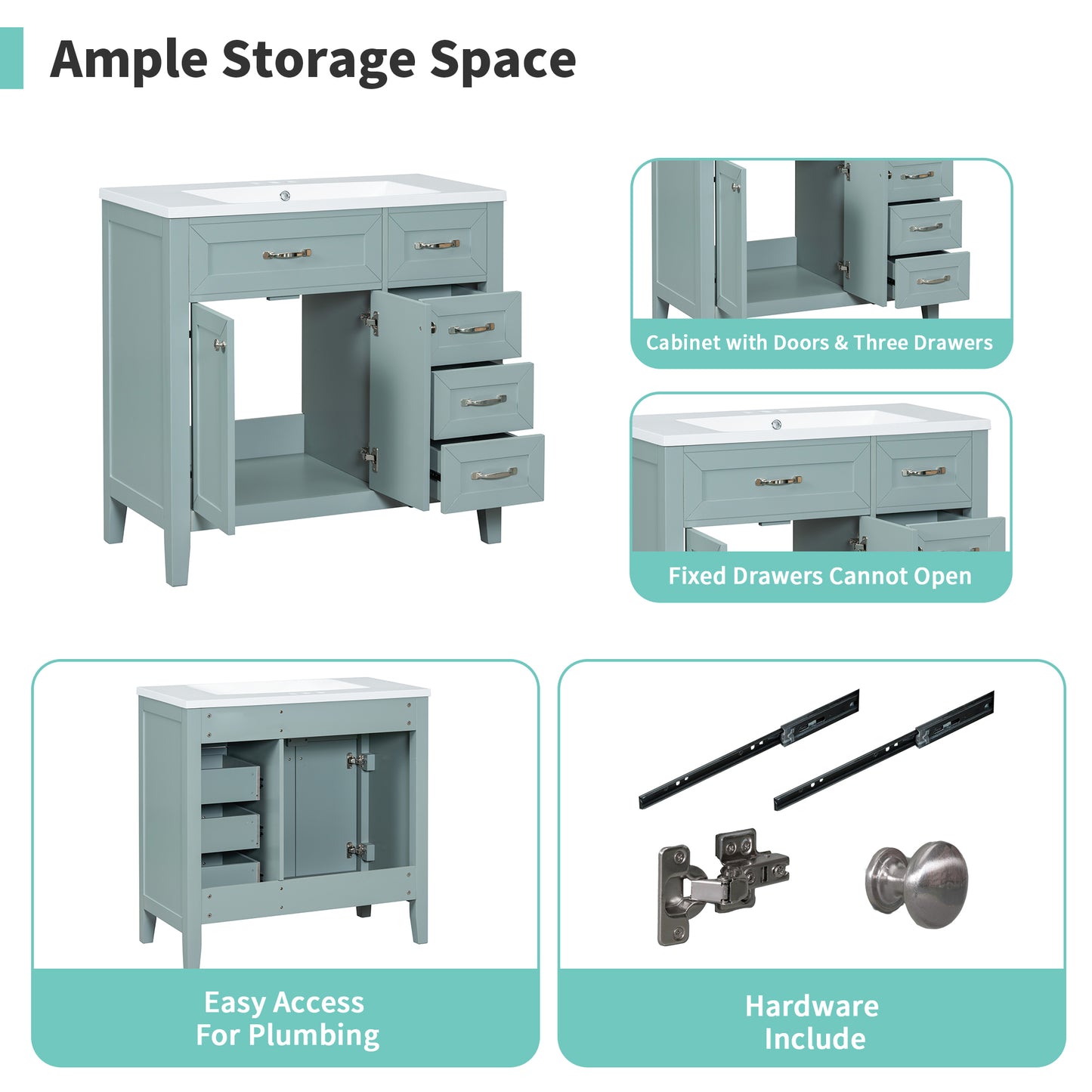 36" Bathroom Vanity with Sink Combo - Green Cabinet with Drawers