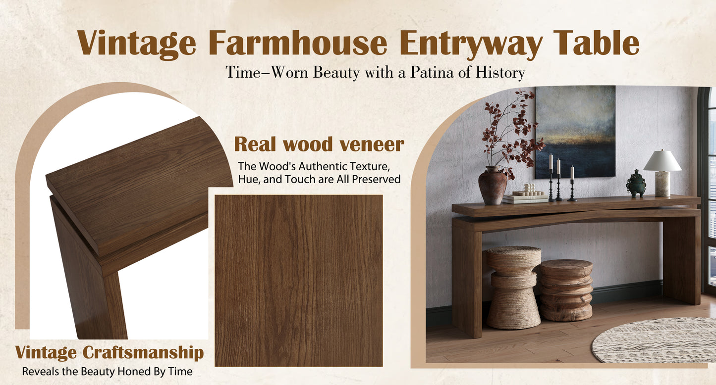 65-Inch Solid Wood Veneer Console Table - Rustic Farmhouse Design