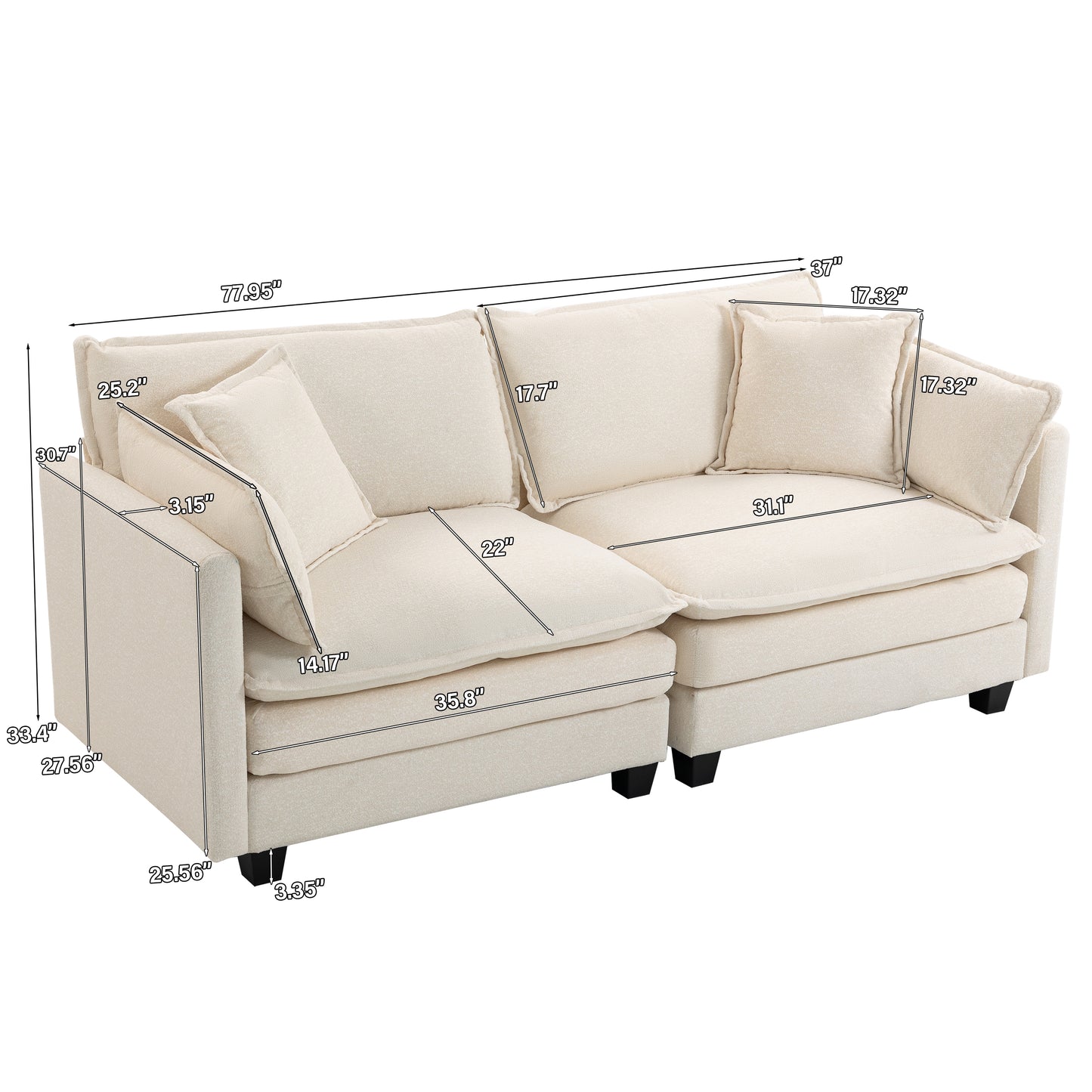 Modern 2-Seat Sectional Sofa with Chaise Lounge - Antique White