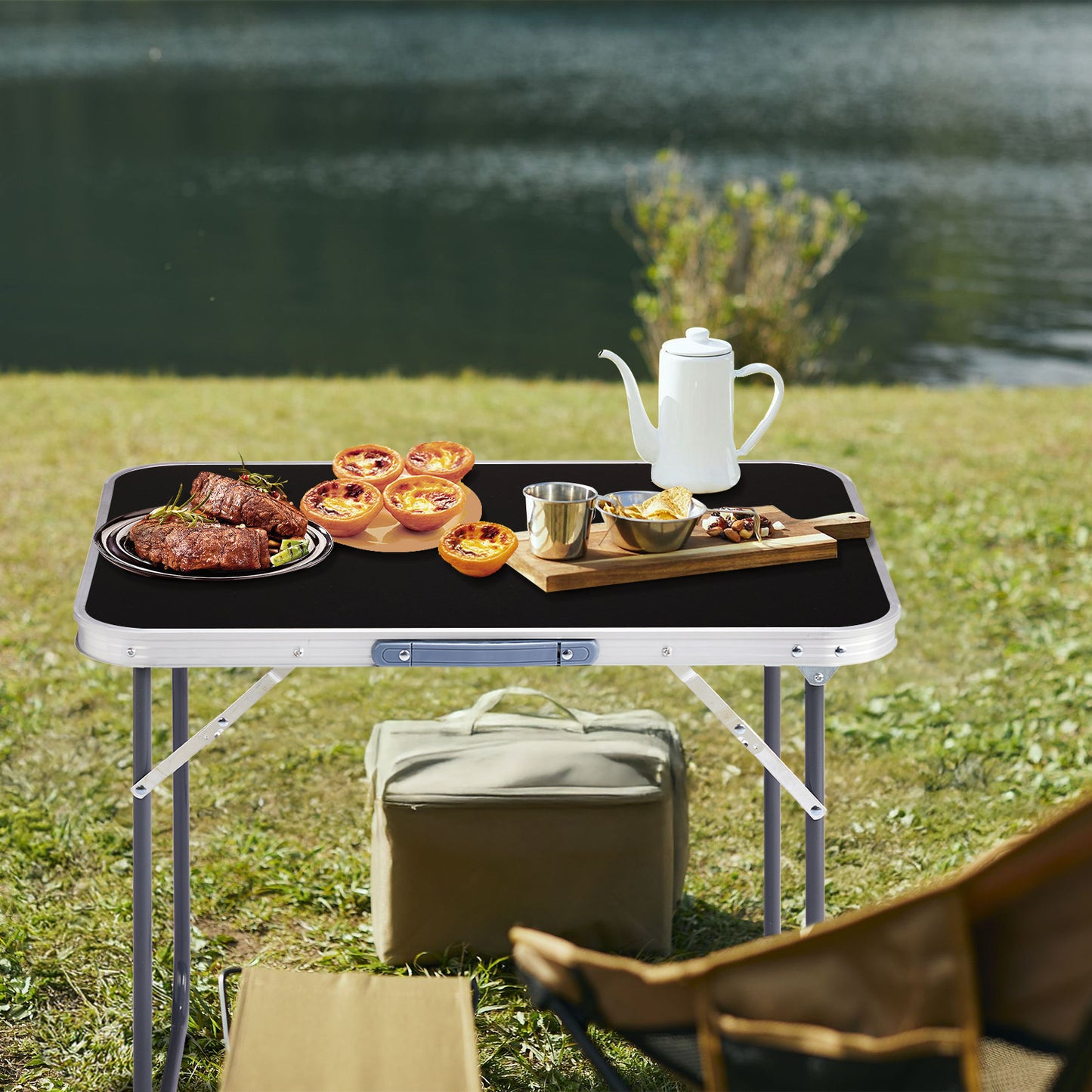 2.3ft Black Aluminum Folding Table - Lightweight & Durable