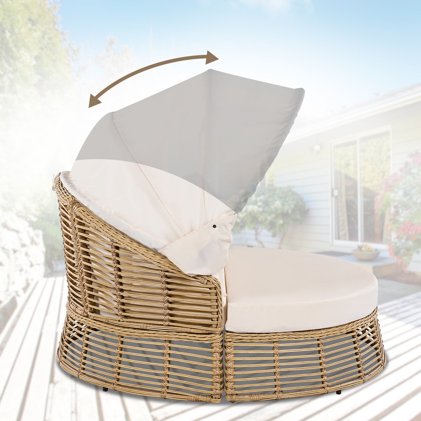 Outdoor Patio Rattan Round Daybed With Retractable Canopy, Wicker