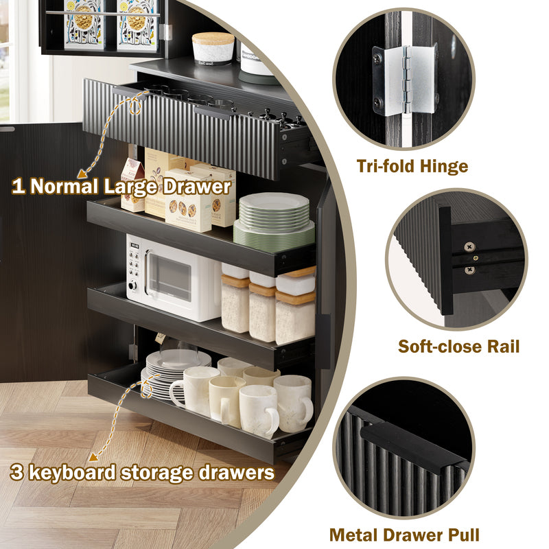 72-Inch Black Pantry Cabinet with 3 Drawers & 6 Shelves