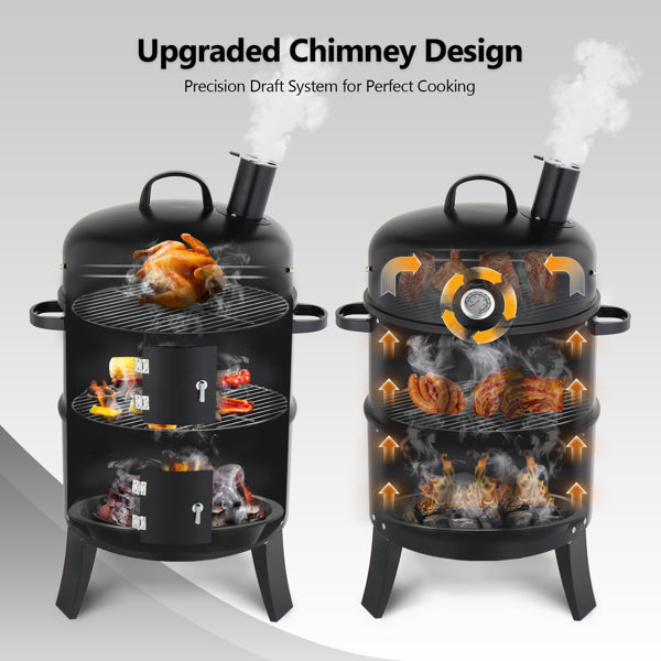 Black Cylindrical Outdoor Smoker with Chimney - Heavy-Duty Iron, 85cm