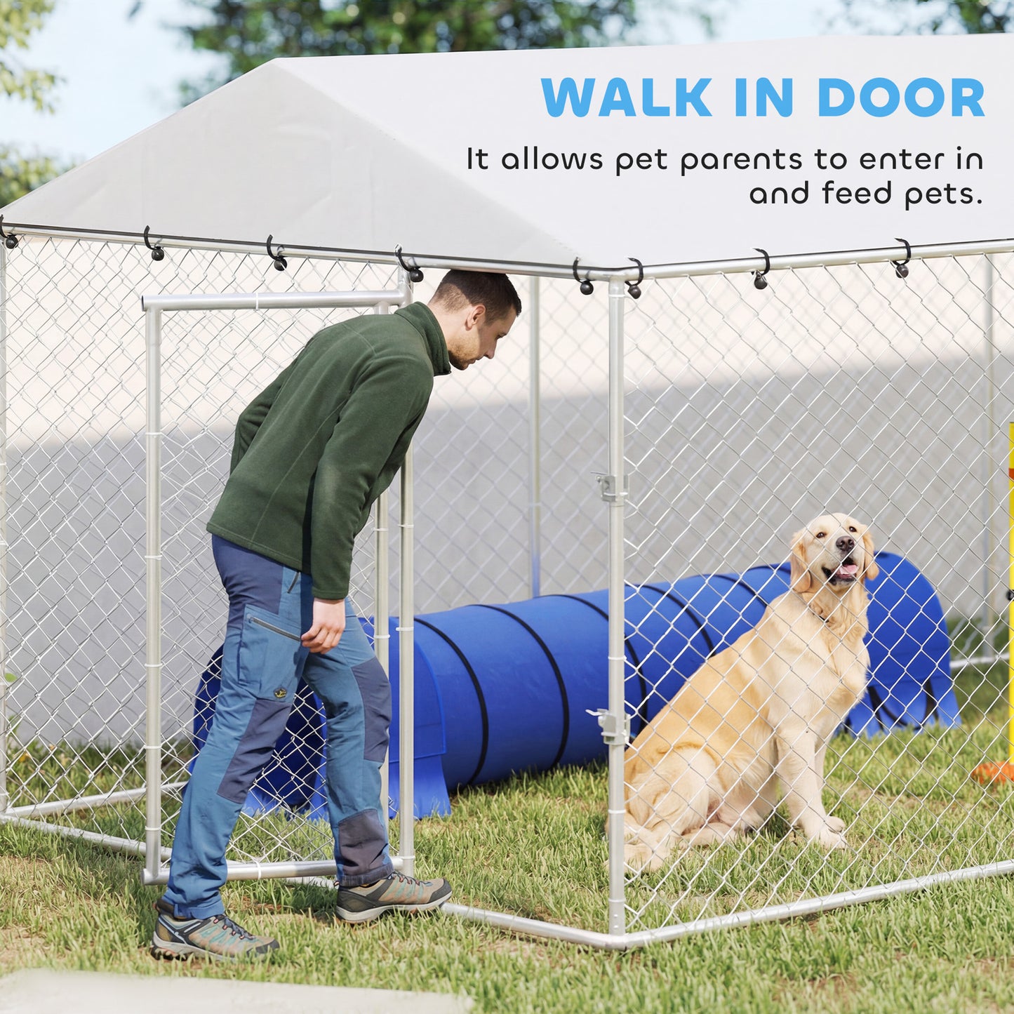 Outdoor Dog Kennel with Waterproof Roof for Small to Large Dogs - Silver
