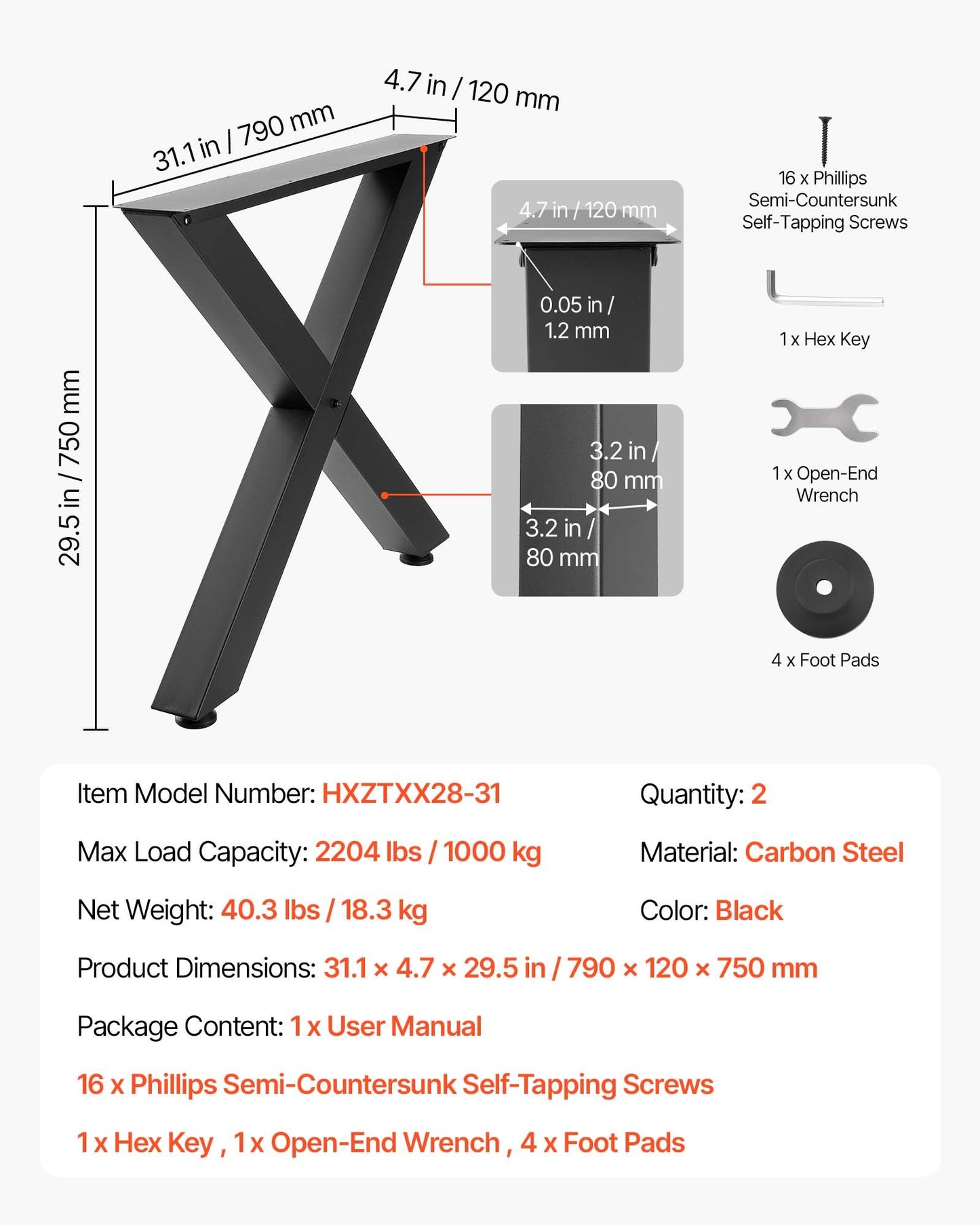 Heavy Duty Steel Table Legs 29.5 Inch H x 31.1 Inch W Black, 2204 lbs Max Load, Modular Design, Easy Assembly, 2 Pack