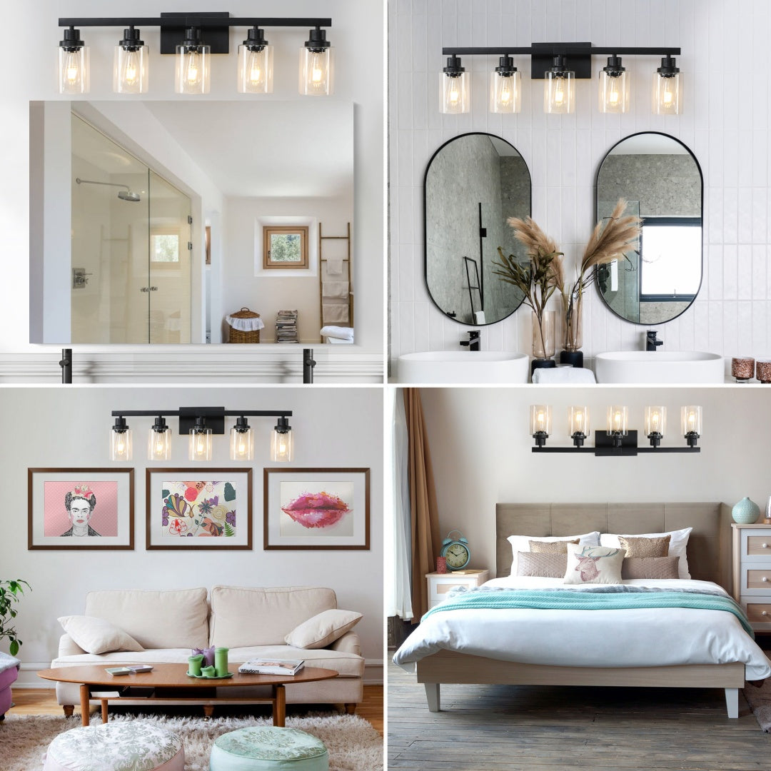 5-Light Black Bathroom Vanity Light Fixture with Glass Shades
