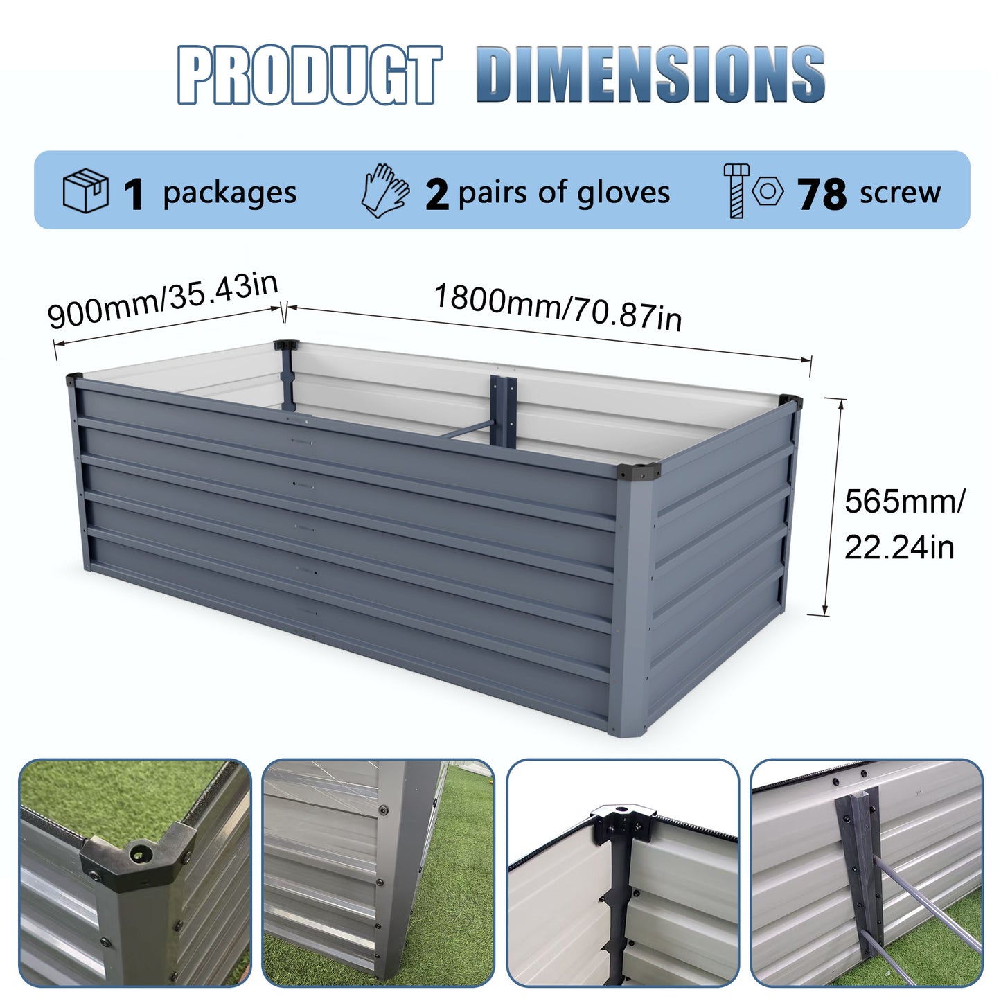 6x3x2ft Large Raised Garden Bed, Gray Rectangular Galvanized Metal
