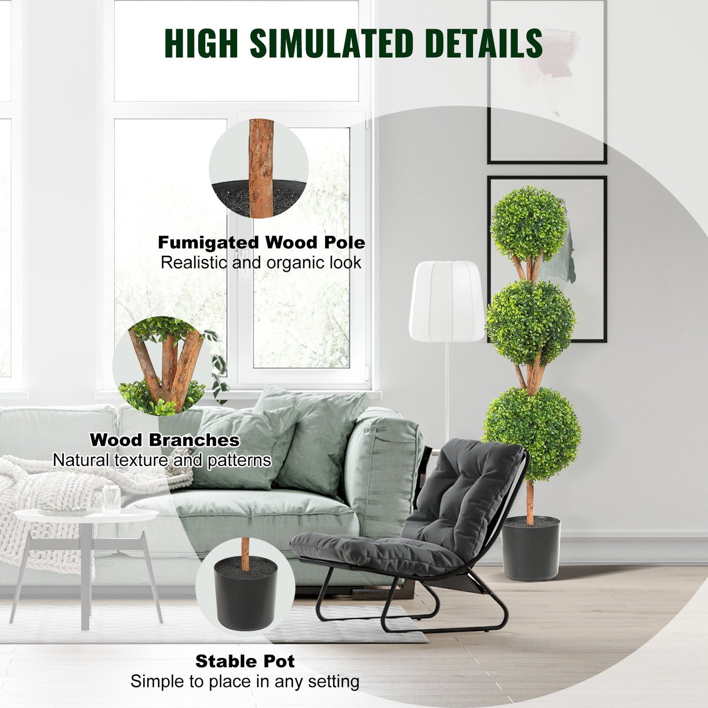 Artificial Topiary Trees Set - 48 Inch Faux Green Ball-Shaped Plants with Planters, Indoor & Outdoor Decor