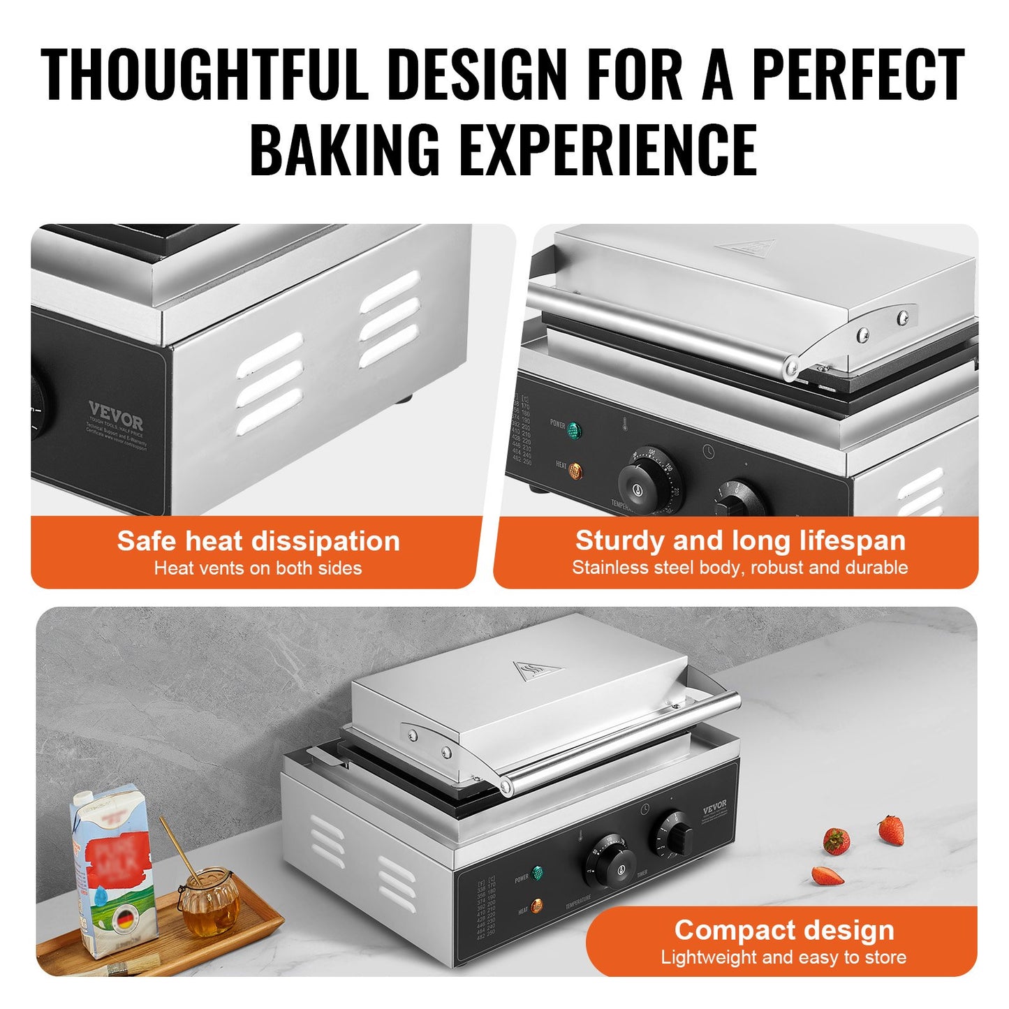 Commercial Rectangle Waffle Maker Machine 1550W - 10 Waffles, Non-Stick