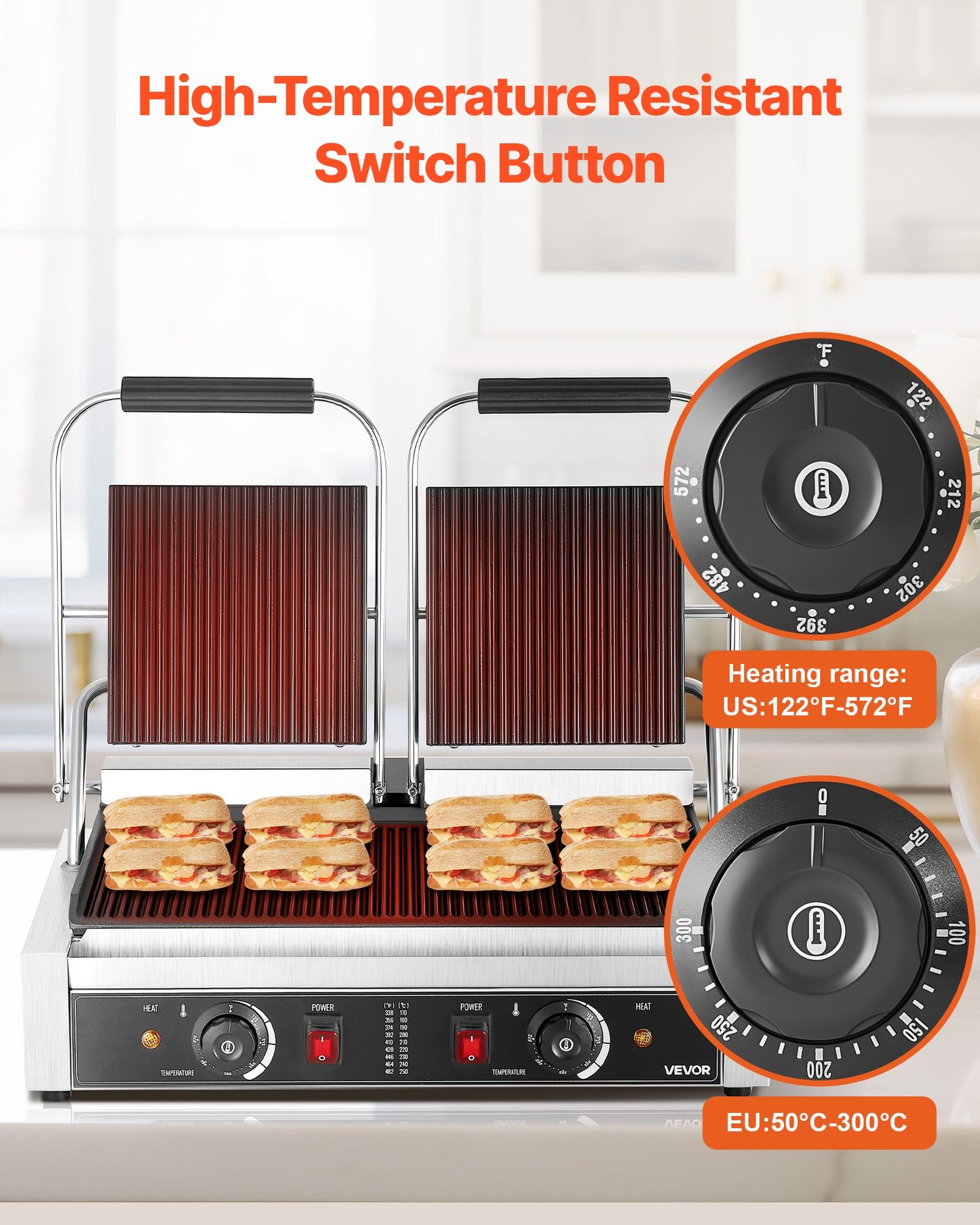 Commercial Electric Panini Press Grill 19x9in Sandwich Maker with Adjustable Temperature