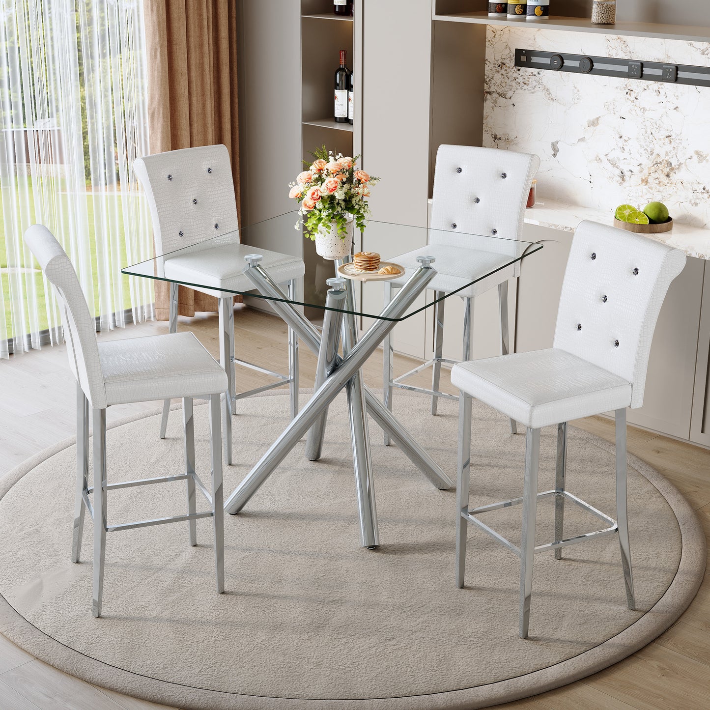 Modern Glass Bar Table & 2 Fixed-Height Bar Stools Set - Silver