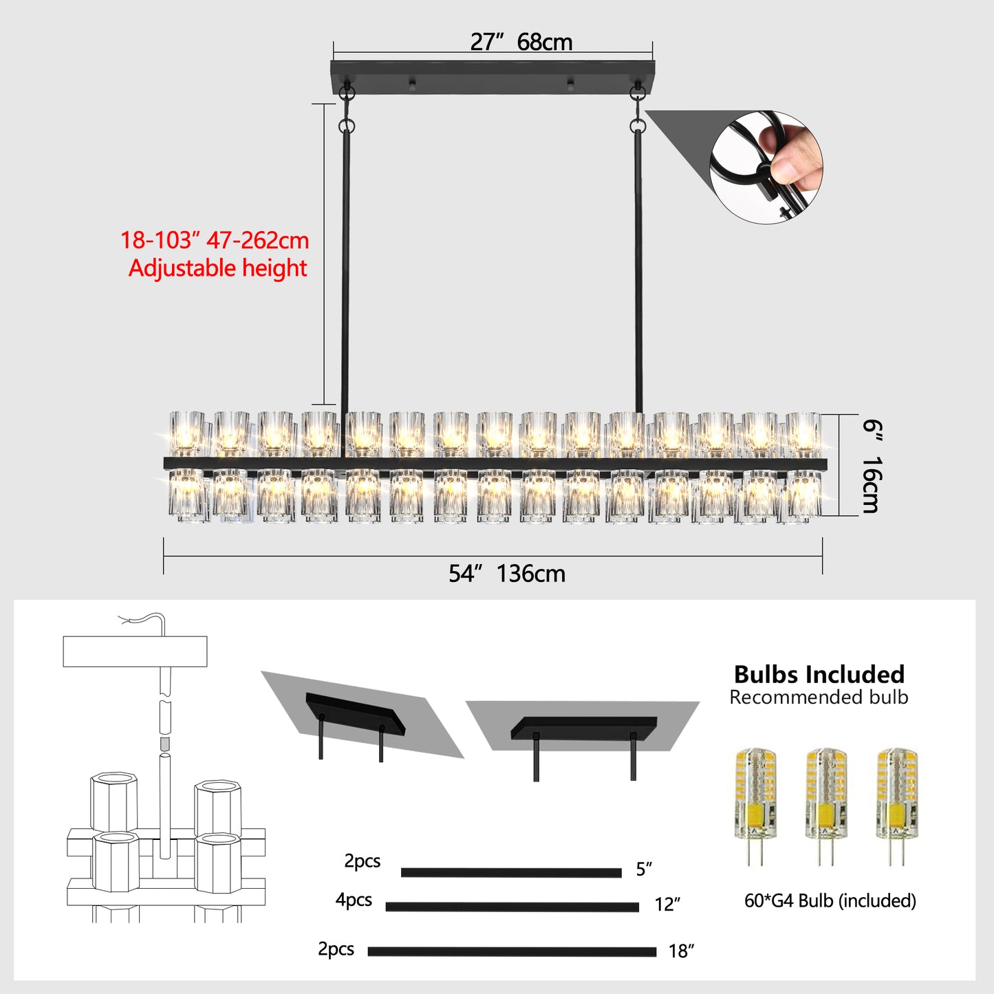 Luxurious Crystal Chandelier with Black Frame - Adjustable Height